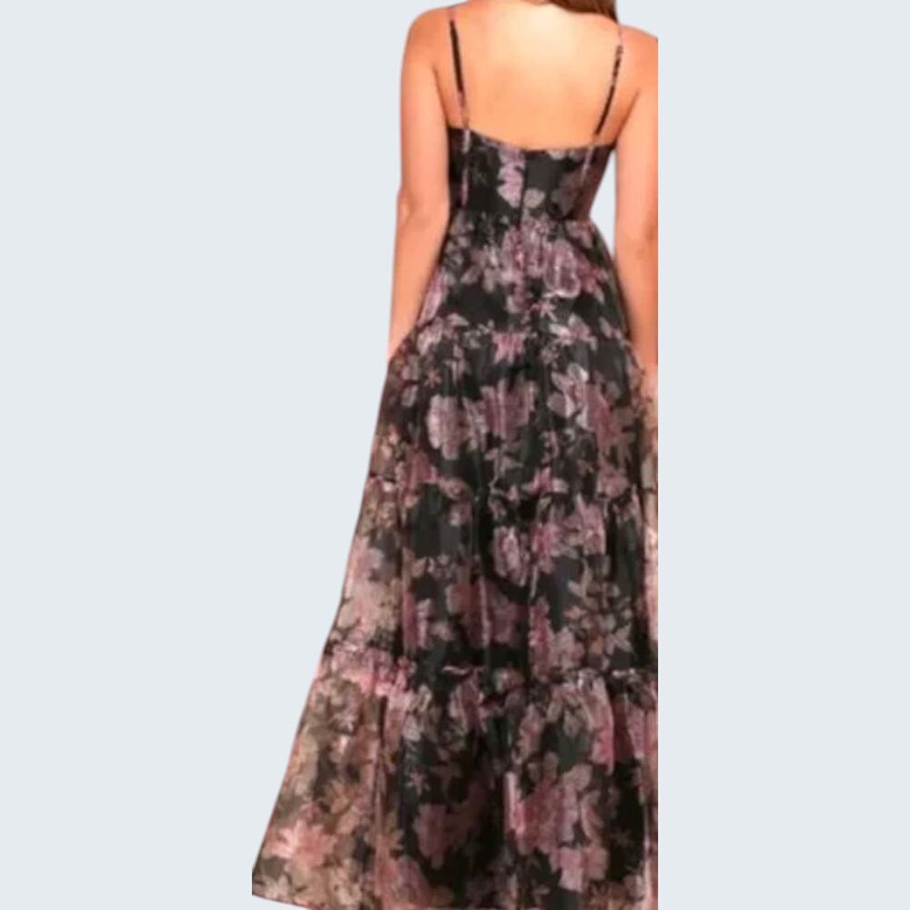 Lulus Black Floral Organza Tiered Exclusive Glamour Maxi Dress Size XL #71 # - Picture 2 of 4